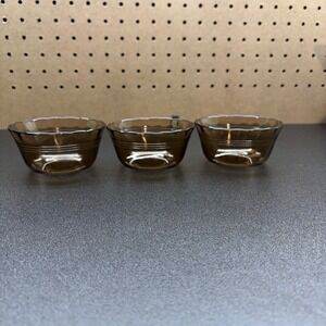 3 Vintage Pyrex Small Bowls/Custard Cups tinted glass 3 lines scalloped edges